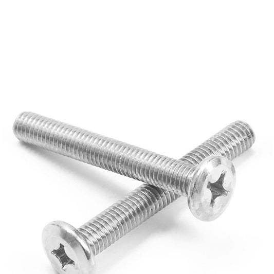Nickel-plated iron flat-head countersunk, round-headed furniture screws with beveled edges and cross-shaped threads