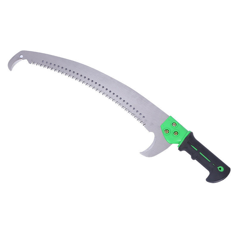 Steel-wood hand saw with double hooks for cutting high branches