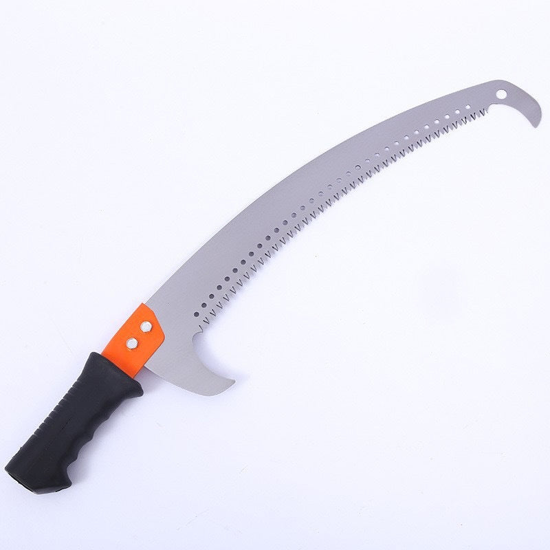 Steel-wood hand saw with double hooks for cutting high branches