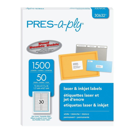 Pres-A-Ply Laser File Folder Labels 2/3 x 3 7/16 White 1500/Box 30632
