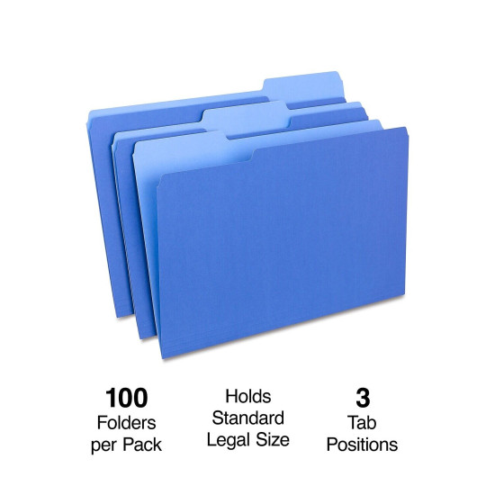 Staples File Folders 1/3 Cut Legal Size Blue 200/Carton ST224568-CCVS