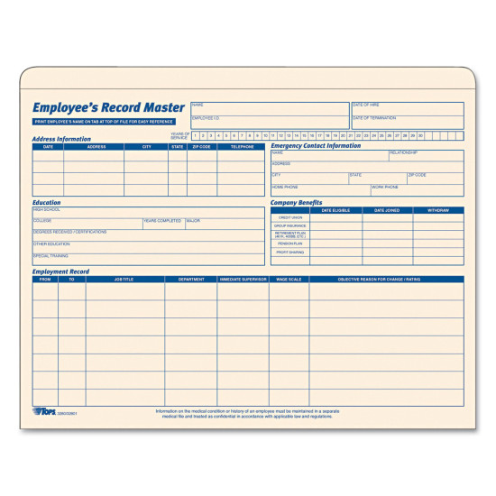TOPS Employee Record Master File Jacket 9 1/2 x 11 3/4 10 Point Manila 15/Pack