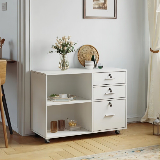 Wood File Cabinet 3 Drawer Shelf Rolling Storage Organizer for Home Office White